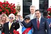 Trainer Bob Baffert (L), Jockey John R. Velazquez and Owner Amr Zedan (R), celebrate with the trophy after Medina Spirit ridden by jockey John R. Velazquez won the 147th Kentucky Derby (G1) at Churchill Downs, Saturday, May 1, 2021 in Louisville, KY.