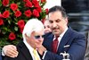 Trainer Bob Baffert (L) and Owner Amr Zedan (R), celebrate with the trophy after Medina Spirit ridden by jockey John R. Velazquez won the 147th Kentucky Derby (G1) at Churchill Downs, Saturday, May 1, 2021 in Louisville, KY.  