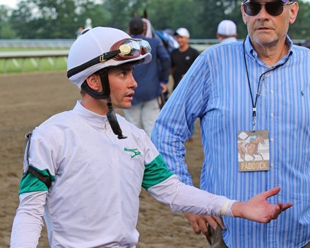 Jockey Flavien Prat with Hot Rod Charlie co-owner Bill Strauss after the Haskell Stakes at Monmouth Park