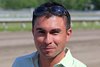 Trainer Jorge Duarte Jr. is all smiles after Goldwood won her second stakes race at the Monmouth Park Meet.  