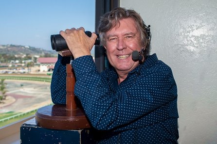 Trevor Denman in the announcer's booth at Del Mar