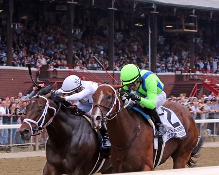 Jackie's Warrior (inside) defeats Life Is Good in the H. Allen Jerkens Memorial Stakes at Saratoga Race Course