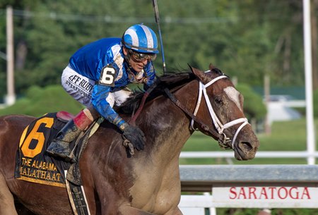 Malathaat wins the Alabama Stakes at Saratoga Race Course
