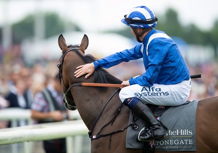 Jockey Jim Crowley in the famed blue and white silks of Shadwell Stud aboard Battaash at York