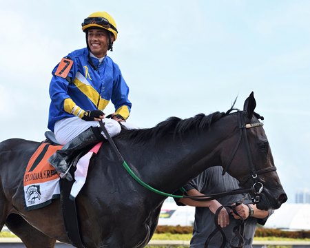 Edgard Zayas is all smiles after winning the Susan's Girl Florida Sire Stakes aboard Outfoxed at Gulfstream Park