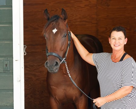 Sarah Sharp with the Army Mule colt consigned as Hip 409 at the Fasig-Tipton New York-Bred Yearlings Sale