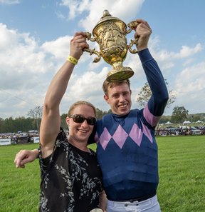 Keri Brion (left) after The Mean Queen's win in the 2021 Grand National at Fair Hill