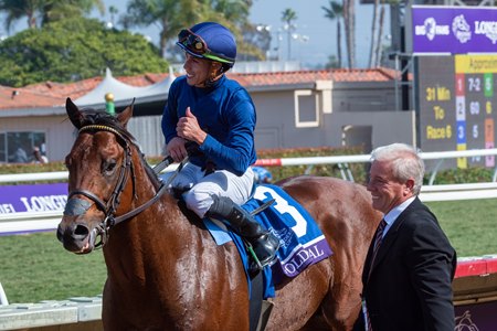 Golden Pal, with Irad Ortiz Jr. aboard, and trainer Wesley Ward after the colt's 2021 Breeders' Cup Turf Sprint victory at Del Mar