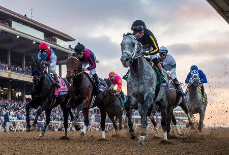Knicks Go (right) sets the pace on his way to a frontrunning victory in the 2021 Breeders' Cup Classic at Del Mar