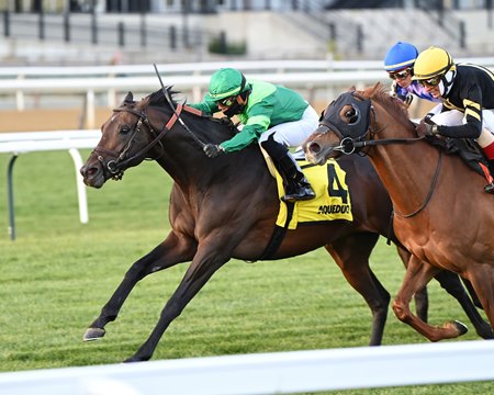 Serve the King (green cap) wins the 2021 Red Smith Stakes at Aqueduct Racetrack