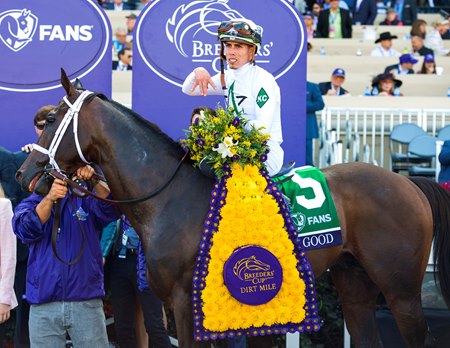 Irad Ortiz Jr. aboard Life is Good after a victory in the Breeders' Cup Dirt Mile at Del Mar