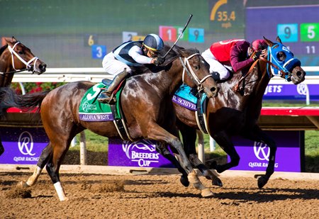 Aloha West edges Dr. Schivel to win the 2021 Breeders' Cup Sprint at Del Mar