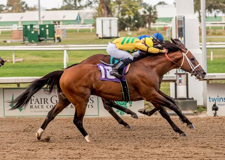 Chess Chief (outside) wins the 2021 Tenacious Stakes at Fair Grounds