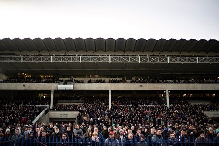A packed grandstand at the 2019 Dublin Racing Festival at Leopardstown Racecourse