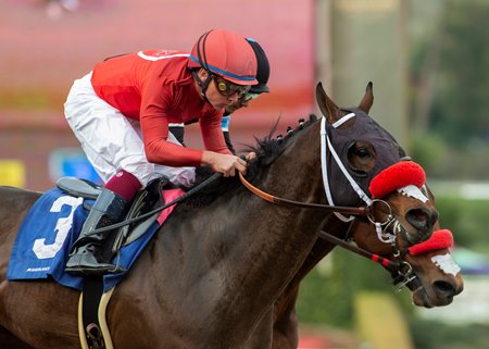 Fast Draw Munnings inches past Straight Up G to win the California Cup Derby at Santa Anita Park