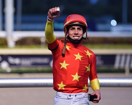 Irad Ortiz Jr. after winning the Pegasus World Cup on Life Is Good at Gulfstream Park