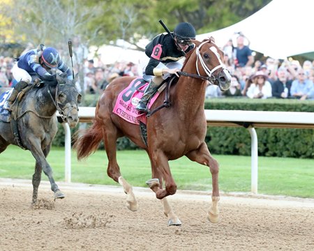Cyberknife gallops clear of Barber Road in the Arkansas Derby at Oaklawn Park