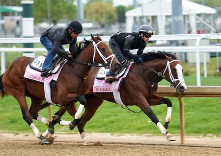 Shahama (inside) breezes in company with Goddess of Fire April 29 at Churchill Downs