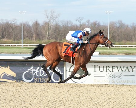 Tiz the Bomb rolls home in the Jeff Ruby Steaks at Turfway Park