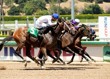 Paddle On Polly (between horses) leads a 1-2-3 finish for Smokem fillies in the second race May 13 at Santa Anita Park