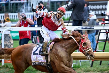 Jockey Sonny Leon celebrates a victory from Rich Strike in the 2022 Kentucky Derby at Churchill Downs