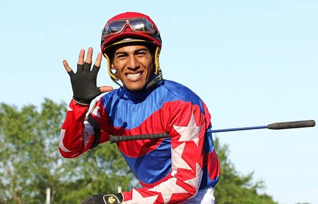 Isaac Castillo celebrates a five-win day May 29, 2022, at Monmouth Park