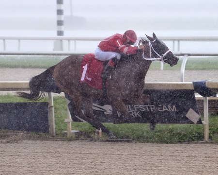 Go Lil Lady scored on debut against maidens in a driving rainstorm June 9 at Gulfstream Park