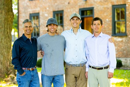 Matthew, Gage, and Gunner Pineda, and farm manager Zach Phillips at Kismet Thoroughbred Farms