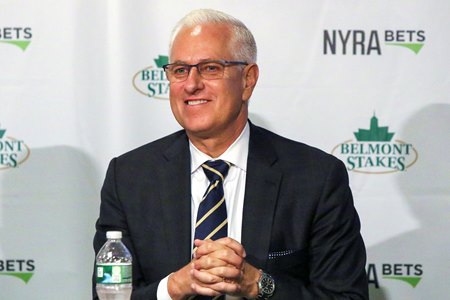 Todd Pletcher speaks at the Belmont Stakes press conference at Belmont Park