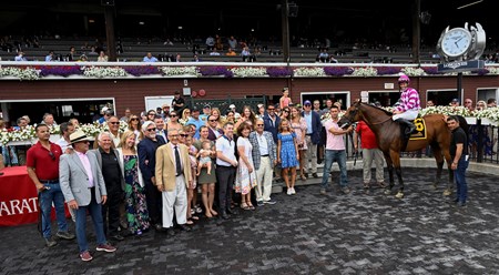 Rockemperor with jockey Flavien Prat is joined in the winner’s circle by his connections after winning the 64th running of The Bowling Green at the Saratoga Race Course Sunday July 31, 2022 in Saratoga Springs N.Y. Photo Special to the Times Union by Skip Dickstein