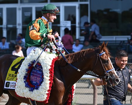 Classic Causeway heads to the winner's circle after his victory in the Belmont Derby Invitational Stakes at Belmont Park