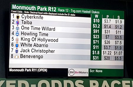 Payoffs displayed for fixed odds wagering before the 2022 Haskell Stakes at Monmouth Park