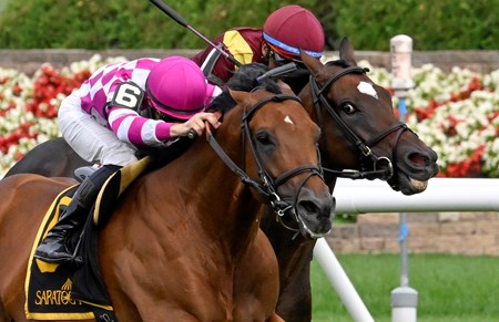 Rockemperor with jockey Flavien Prat, outside duels with #1 L’Imperator with jockey Manuel Franco on the way to the win in the 64th running of The Bowling Green at the Saratoga Race Course Sunday July 31, 2022 in Saratoga Springs N.Y. Photo Special to the Times Union by Skip Dickstein
