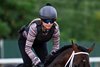 Life Is Good with exercise rider Amelia Green gallops back to the barn after his final speed work before next Saturday’s Whitney Stakes at the Saratoga Race Course Saturday July 30, 2022 in Saratoga Springs N.Y. 