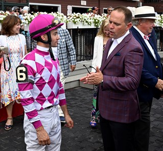 Jockey Flavien Prat is joined in the winner’s circle by Rockemperor trainer Chad Brown of Mechanicville after winning the 64th running of The Bowling Green at the Saratoga Race Course Sunday July 31, 2022 in Saratoga Springs N.Y. Photo Special to the Times Union by Skip Dickstein