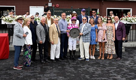 Jockey Flavien Prat is joined in the winner’s circle by the connections of Rockemperor after winning the 64th running of The Bowling Green at the Saratoga Race Course Sunday July 31, 2022 in Saratoga Springs N.Y. Photo Special to the Times Union by Skip Dickstein