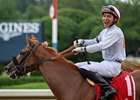 Jockey Jose Gomez is jubilant aboard his horse Golden Rocket after winning the 20th running of The New York Stallion Series “Statue of Liberty Division at the Saratoga Race Course Wednesday Aug, 17 2022 in Saratoga Springs N.Y.  