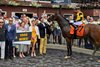 Jockey Irad Ortiz Jr. sits atop Phantom Smoke after winning the second race on card at the Saratoga Race Course Sunday Aug. 21, 2022 in Saratoga Springs N.Y. This win by Phantom Smoke was the 1,000th win for West Point Thoroughbreds, the partnership group based in Saratoga Springs.