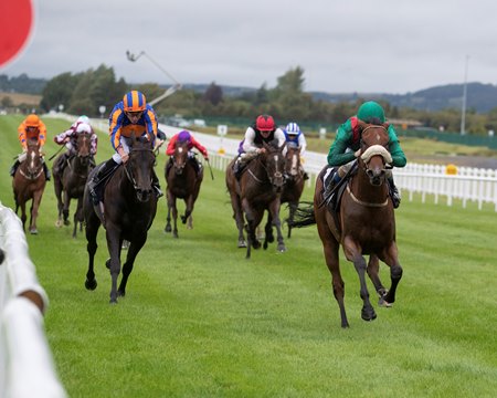 Tahiyra (green cap) wins the Moyglare Stakes at the Curragh