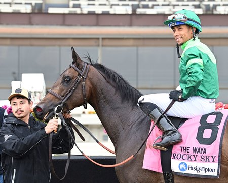 Jockey Manny Franco aboard Rocky Sky after her victory in the Waya Stakes at Aqueduct Racetrack
