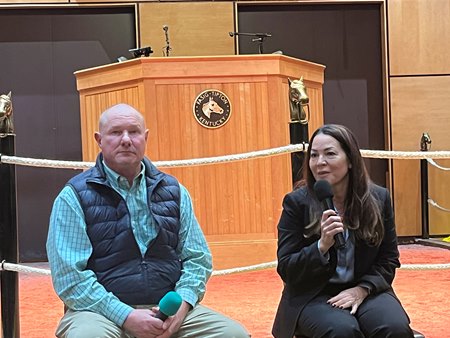 (L-R): Horseracing Integrity and Safety Authority executives Marc Guilfoil and Lisa Lazarus speak during a question and answer session in the Fasig-Tipton sales pavilion