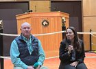 HISA executives Marc Guilfoil and Lisa Lazarus speak in the Fasig-Tipton sales pavilion