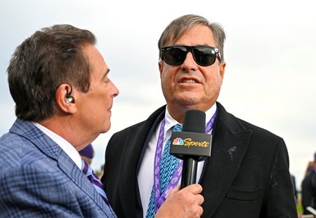 (L-R): NBC's Kenny Rice interviews trainer John Sadler after Flightline's victory in the 2022 Breeders' Cup Classic at Keeneland