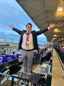 Drew Coatney savors his victory in the 2022 Breeders’ Cup Betting Challenge at Keeneland