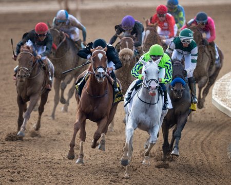 Next leads the field turning for home on his way to winning the Thoroughbred Aftercare Alliance Stakes at Keeneland