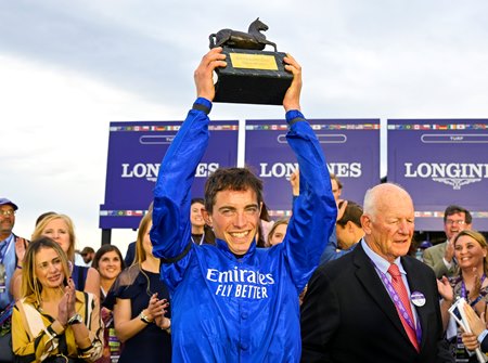 James Doyle in the Godolphin silks after winning the 2022 Breeders' Cup Turf aboard Rebel's Romance at Keeneland