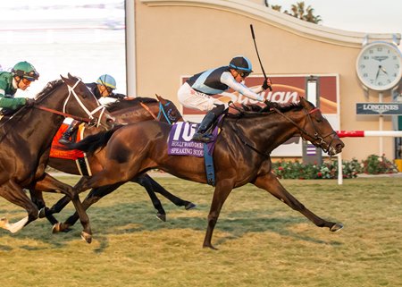 Speaking Scout pulls clear late in the Hollywood Derby at Del Mar