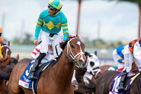 Irad Ortiz Jr. celebrates a victory with Atone in the Pegasus World Cup Turf Invitational Stakes at Gulfstream Park
