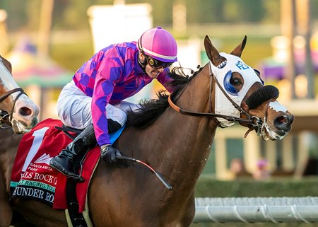 Earls Rock skims the rail to victory in the Thunder Road Stakes at Santa Anita Park