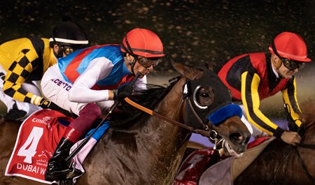 Country Grammer winning the 2022 Dubai World Cup with Frankie Dettori at Meydan Racecourse